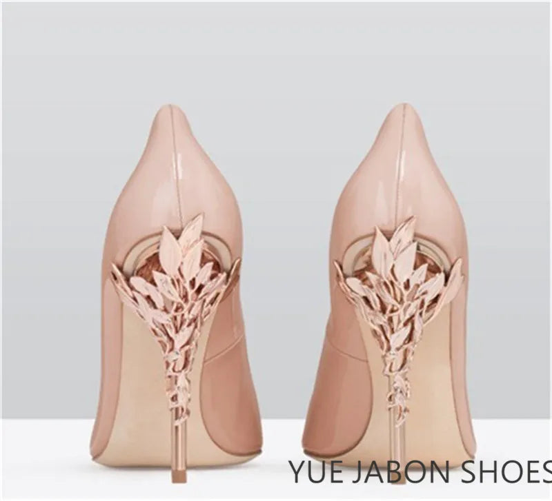 Luxury Leaves Metal Heel Pumps Women Shoes Pointed Toe Blue White Pink Black Silk Stiletto High Heels Wedding Bride Shoes 10cm heels_stiletto