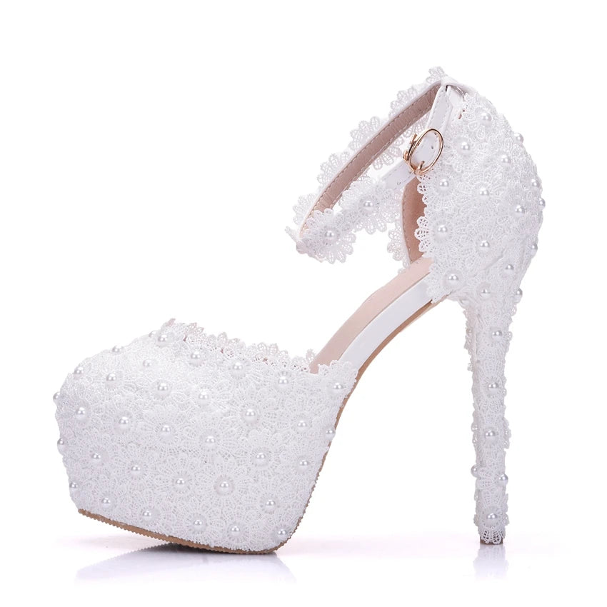 BS048 White Lace High Heels Platform Pumps Party Wedding Shoes White Heels Ankle Straps Women Sandals Bridesmaid Shoes heels_bridal