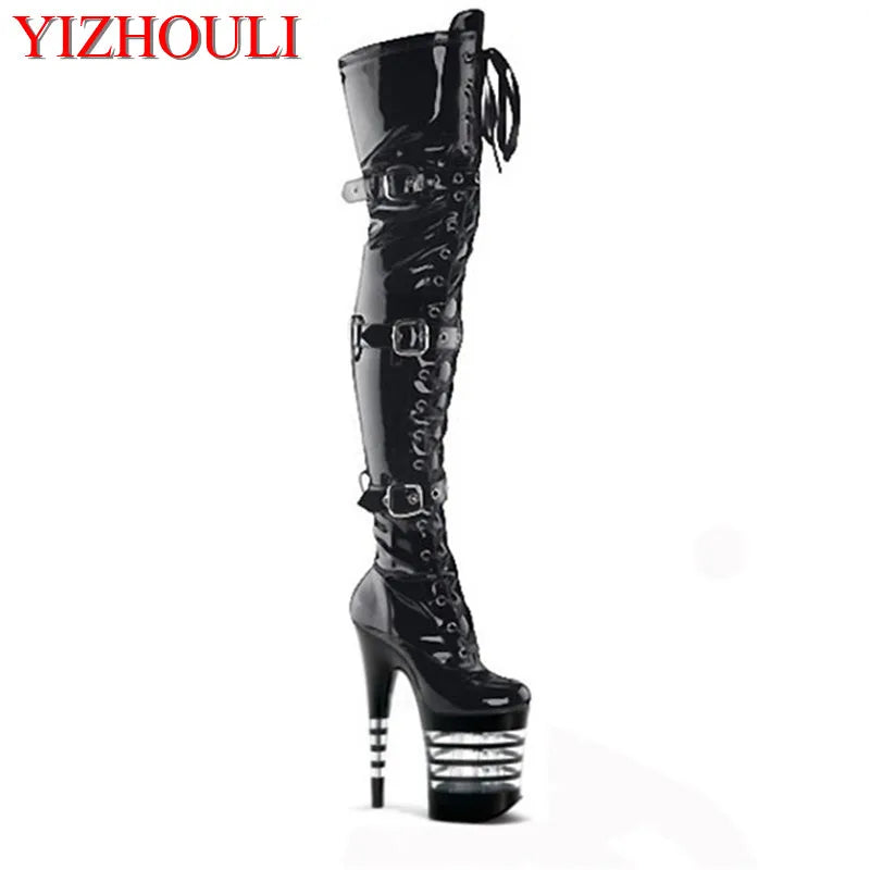 12-23cm high heels high boots, buckle boots round head dancer fashion sexy catwalk shoes to thigh high boots_platform