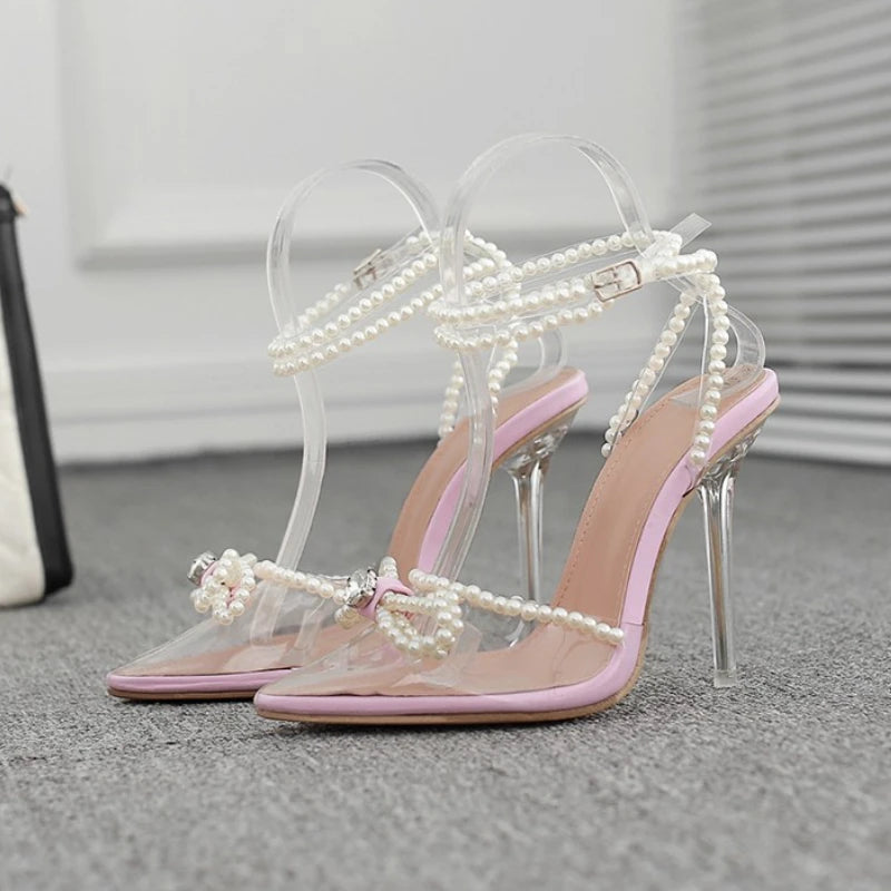 Sandales Talon Femme Glass Clear Transparent Bow Summer New Arrival Pearl Heels for Women and Ladies heels_bridal
