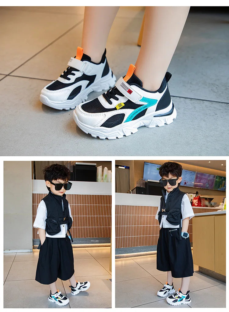 Summer Boys' Mesh Sneakers Large Children's Breathable Upper Lace Single Mesh Hollow Logo Design Slip-On Trendy Summer Shoe kids_shoes