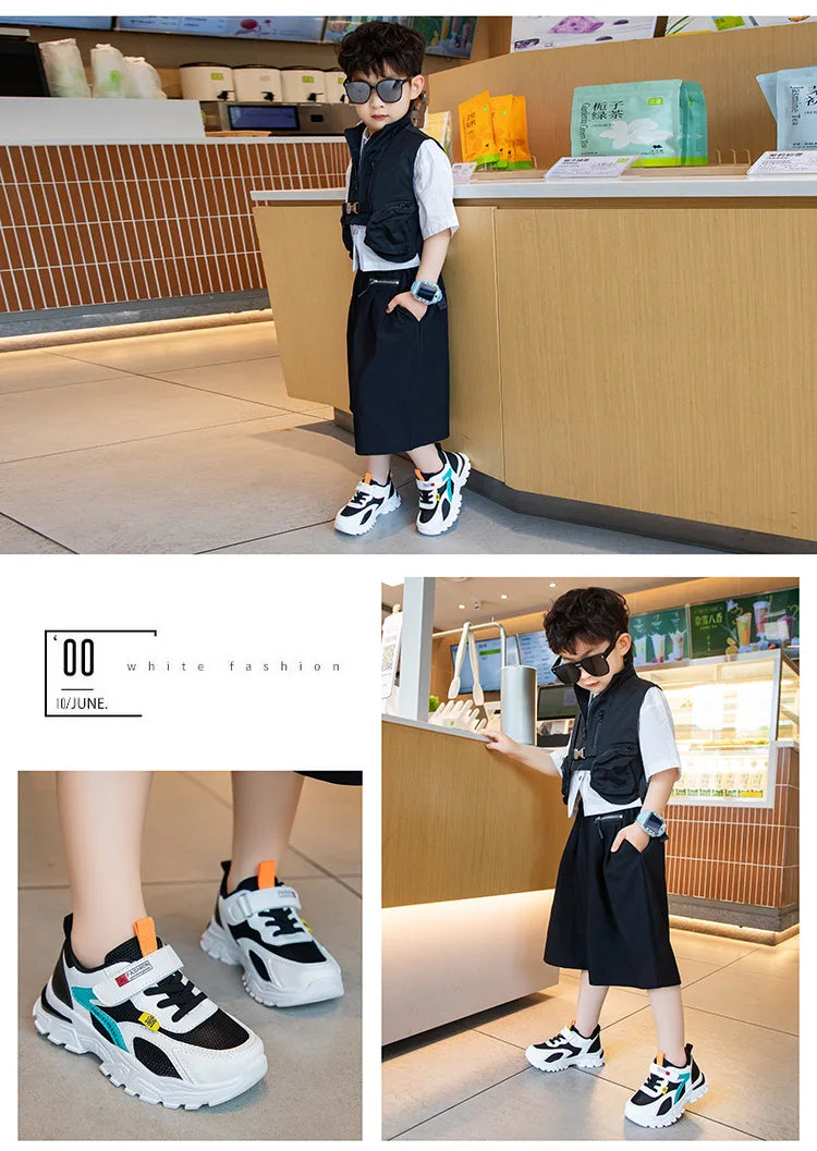 Summer Boys' Mesh Sneakers Large Children's Breathable Upper Lace Single Mesh Hollow Logo Design Slip-On Trendy Summer Shoe kids_shoes