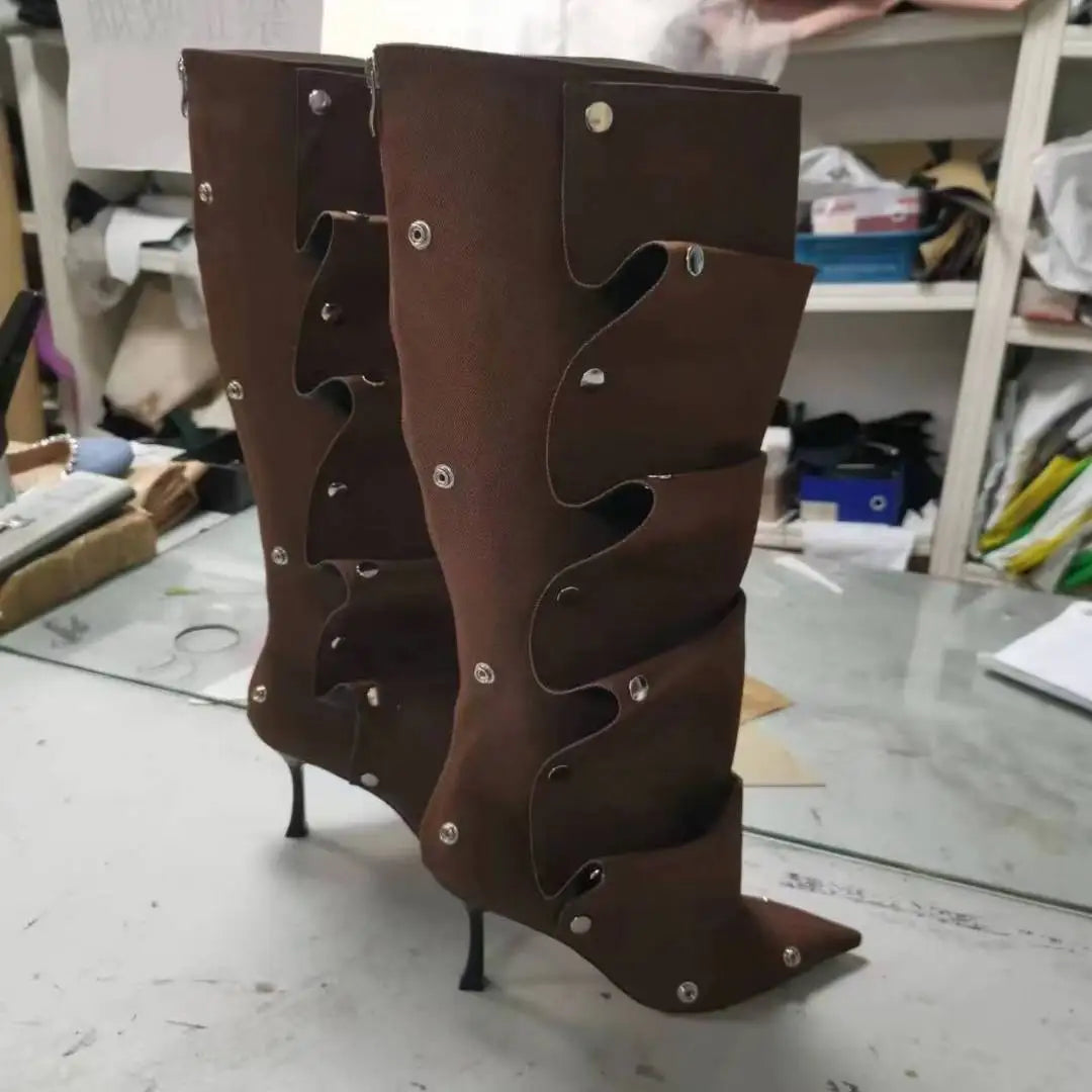 New Arrival Western Botas Alto 7.5CM Thin Heel Studded Decorated Denim Wide Calf Mujer Boots for Women boots_highheel