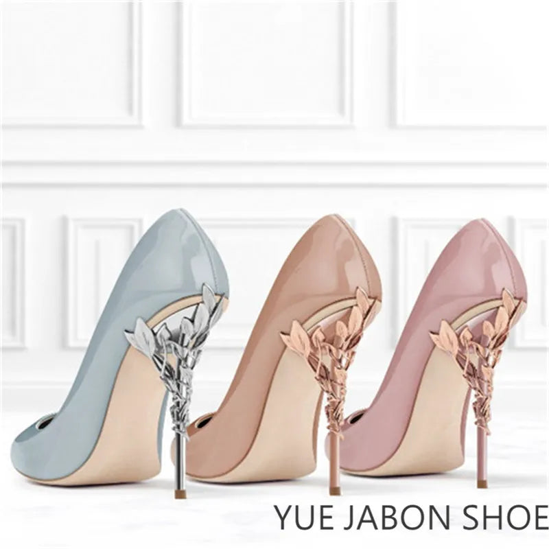 Luxury Leaves Metal Heel Pumps Women Shoes Pointed Toe Blue White Pink Black Silk Stiletto High Heels Wedding Bride Shoes 10cm heels_stiletto