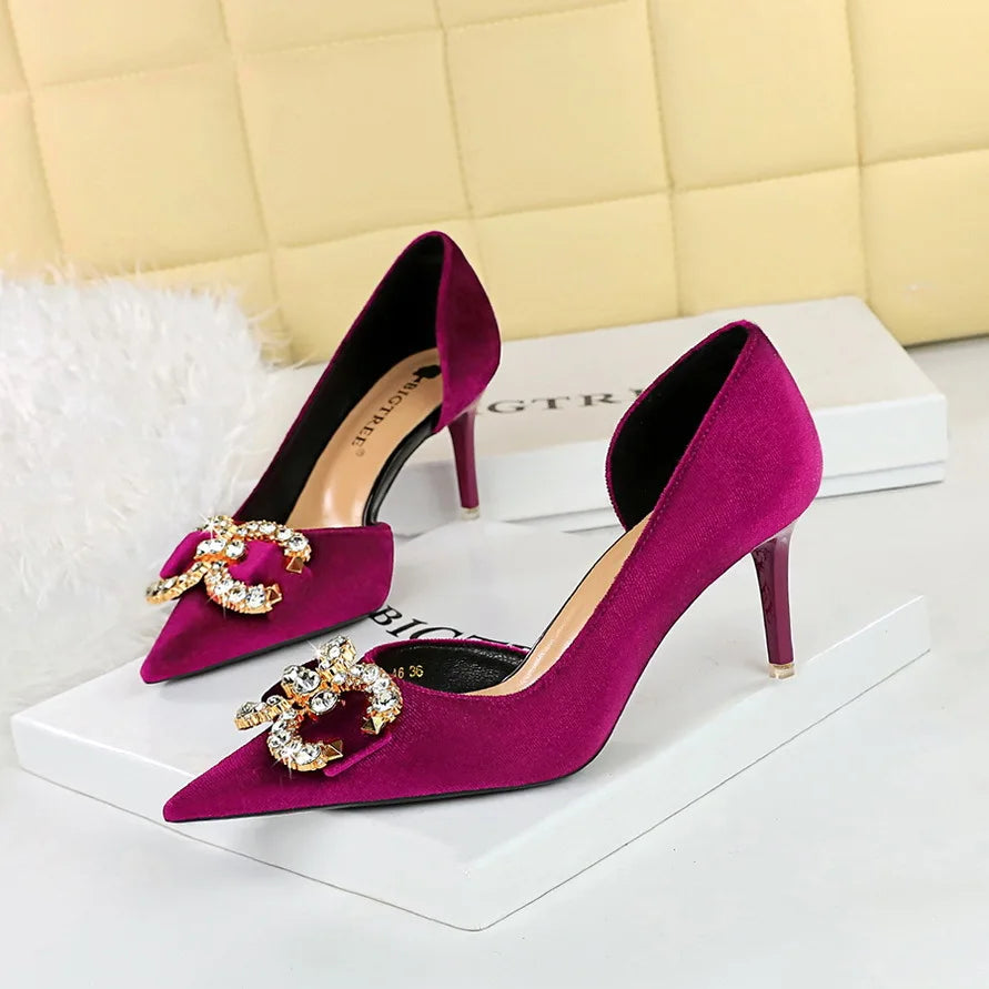 Faux Suede Wine Rhinestone Sandals New Women Green Shoes Pointed Toe Stiletto 7CM/10.5CM Heels heels_stiletto