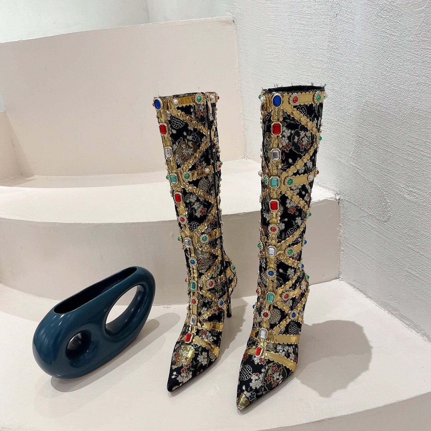 Crystal Long Boots Buckle Mental Heels Side Zipper Colorful Over the Knee Boots Thin High Heel New Autumn Winter Women Shoes 42 boots_highheel