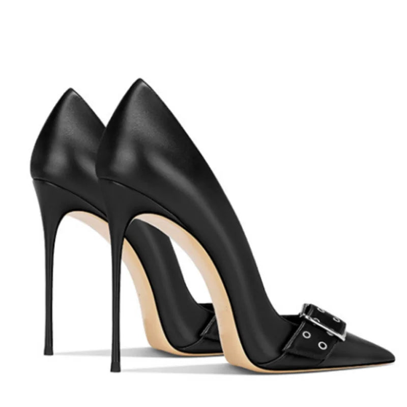 Front Belt Buckles Slim High Heels Big Size 47 Women Dress Pointy Toe Pumps Stiletto Basic Wide Feet Evening Shoes heels_stiletto
