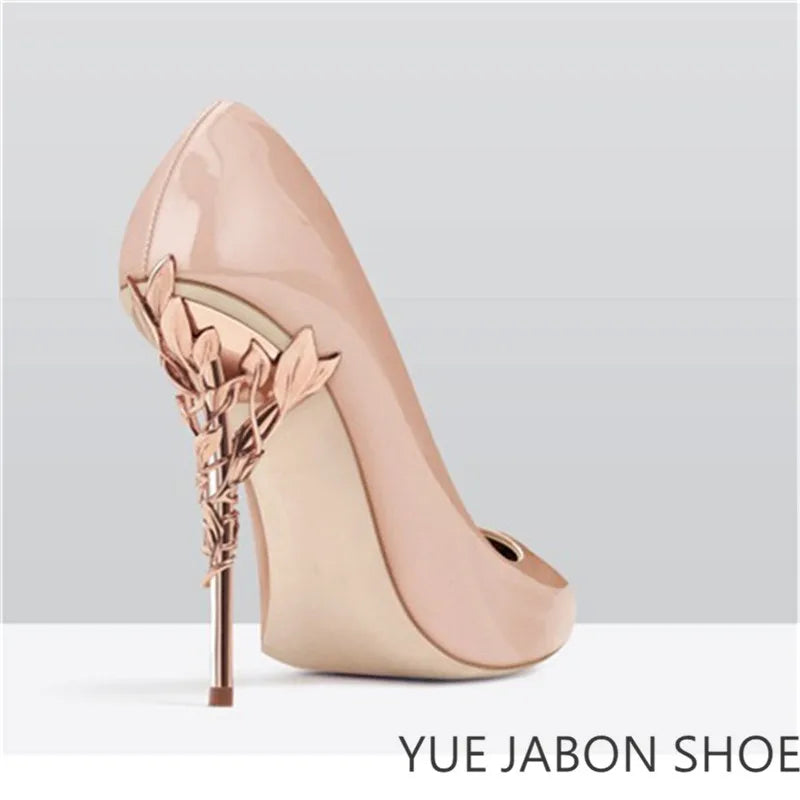 Luxury Leaves Metal Heel Pumps Women Shoes Pointed Toe Blue White Pink Black Silk Stiletto High Heels Wedding Bride Shoes 10cm heels_stiletto