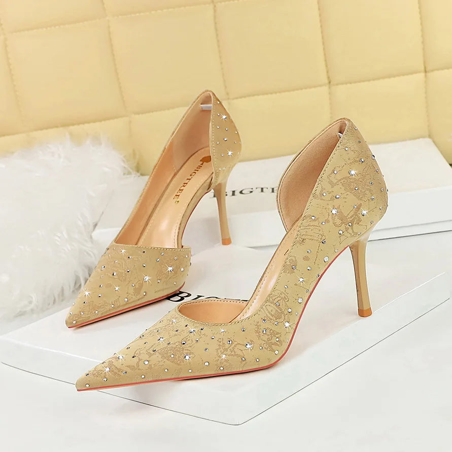 2024 Black Rhinestone European Style Women Pumps Pointed Toe Party Wedding Shoes Sexy Stiletto High Heels 8cm PU Satin Rubber heels_bridal