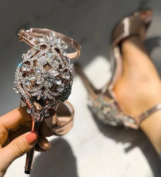 Sexy Champagne Wedding Shoes Rhinestone Decoration Bridal Shoes Open Toe Summer Stiletto High Heels Party Women Shinny Pumps heels_stiletto