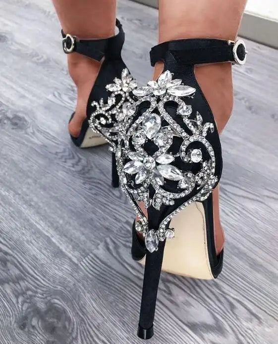 Sexy Champagne Wedding Shoes Rhinestone Decoration Bridal Shoes Open Toe Summer Stiletto High Heels Party Women Shinny Pumps heels_stiletto