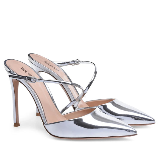 Dress Shoes Women Wedding Heels Ladies Stiletto Sandals Summer Shoes Elegant Silver Patent Leather Pointed Toe High Heel Mules heels_stiletto