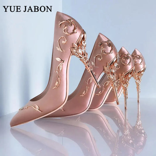 Luxury Leaves Metal Heel Pumps Women Shoes Pointed Toe Blue White Pink Black Silk Stiletto High Heels Wedding Bride Shoes 10cm heels_stiletto