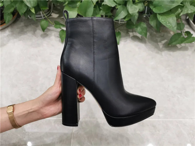 Onlymaker Women Pointed Toe Ankle Boots Black Matte Flock Chunky Heel Platform Booties Party Shoes Large Size Short Boots boots_platform