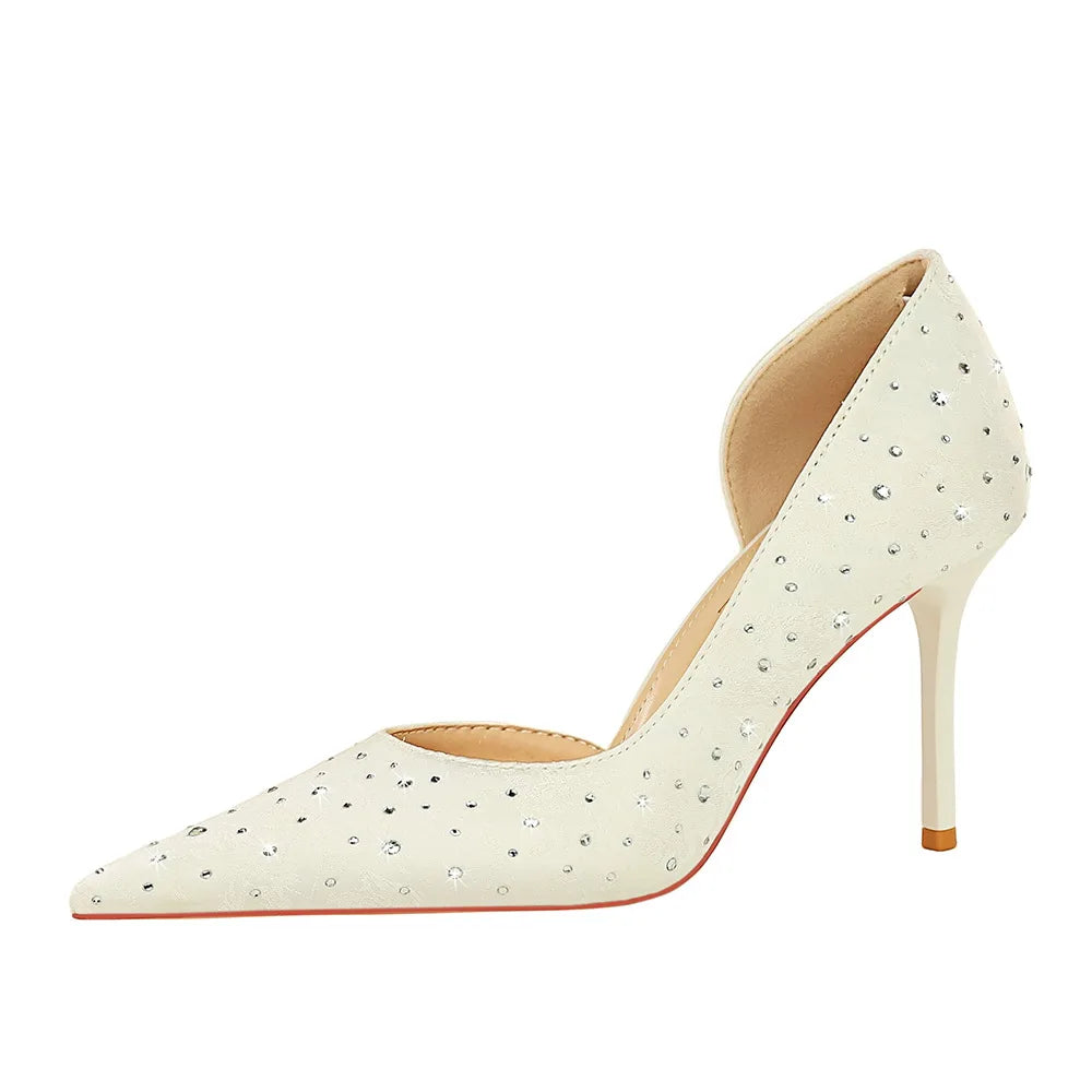 2024 Black Rhinestone European Style Women Pumps Pointed Toe Party Wedding Shoes Sexy Stiletto High Heels 8cm PU Satin Rubber heels_bridal