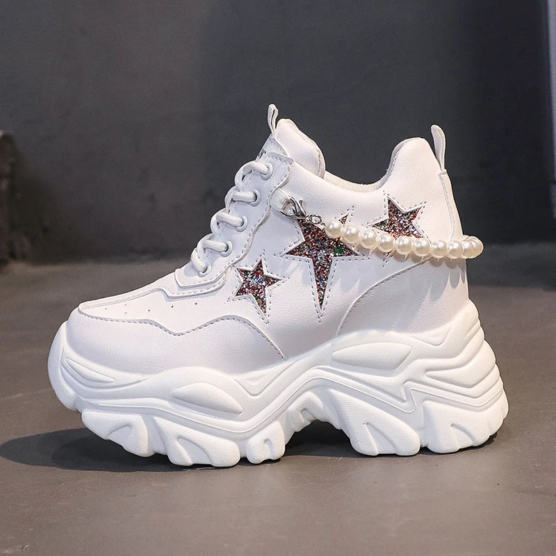 High Platform Shoes Woman 2025 Autumn Chunky Sneakers Increased 10cm Ladies Leather Shoes Trainers Zapatillas Deportivas Mujer sneakers_platform