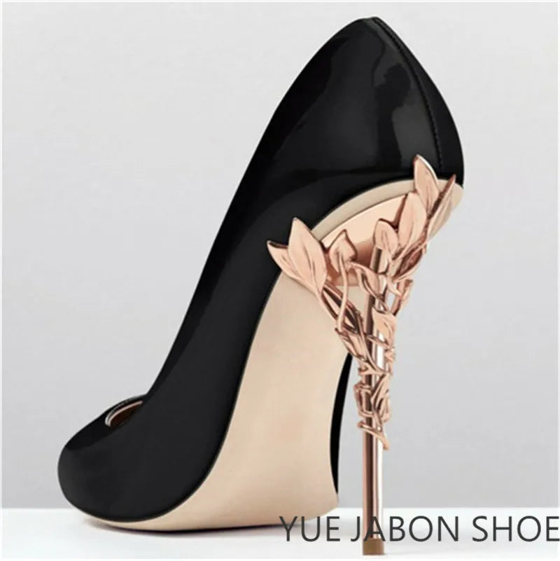 Luxury Leaves Metal Heel Pumps Women Shoes Pointed Toe Blue White Pink Black Silk Stiletto High Heels Wedding Bride Shoes 10cm heels_stiletto