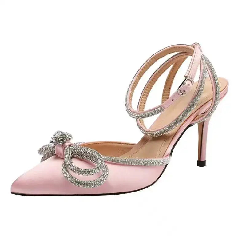 2022 New Rhinestone Butterfly-knot Sandals Fine Heel Sandals Women Crystal Fairy Wind Pink Bow Tie With Diamond High Heels heels_bridal