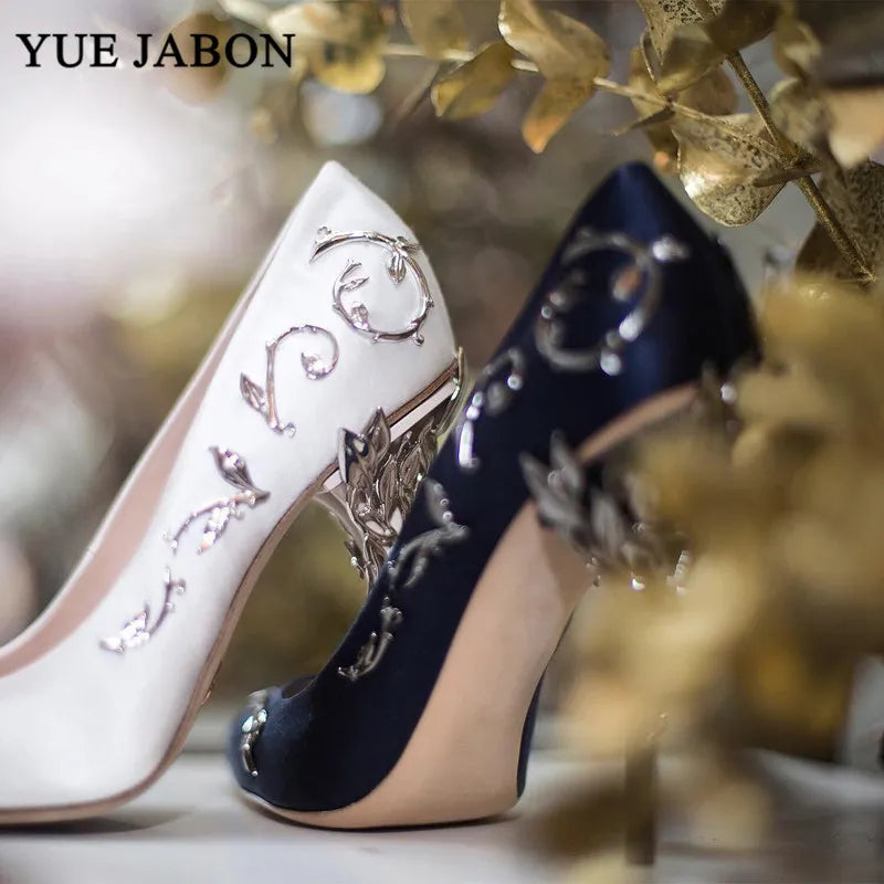Luxury Leaves Metal Heel Pumps Women Shoes Pointed Toe Blue White Pink Black Silk Stiletto High Heels Wedding Bride Shoes 10cm heels_stiletto