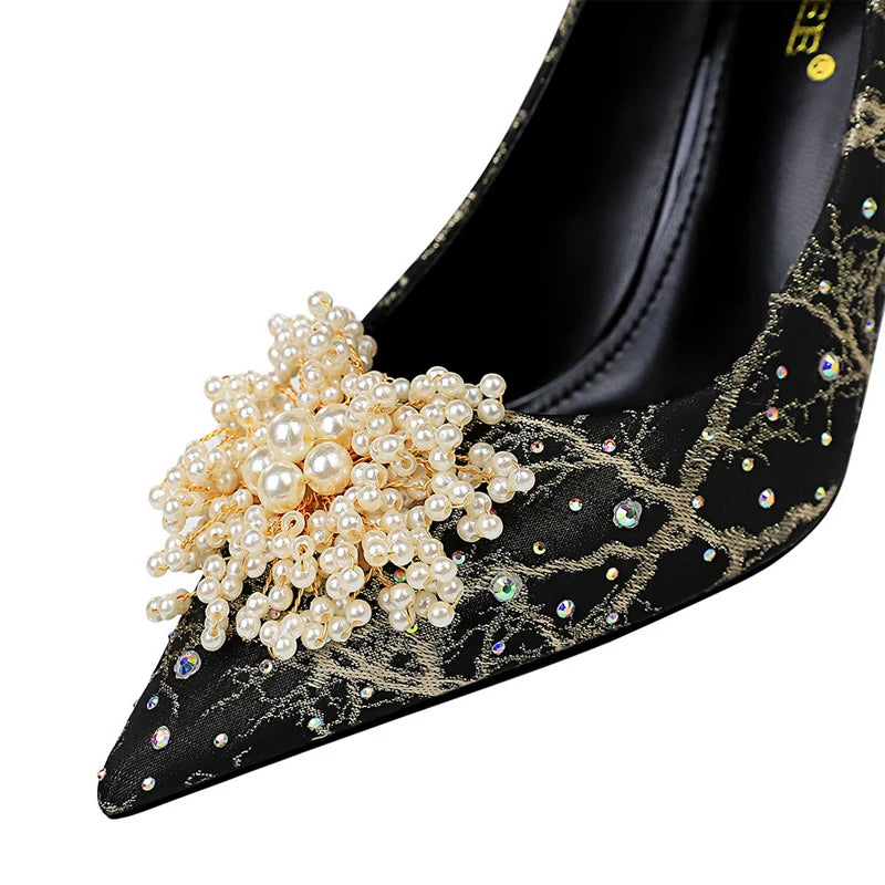 BIGTREE Shoes Pearl Flowers Woman Pumps Rhinestone High Heels 2025 New Luxurious Women Heels Stiletto Large Size Ladies Pumps heels_stiletto