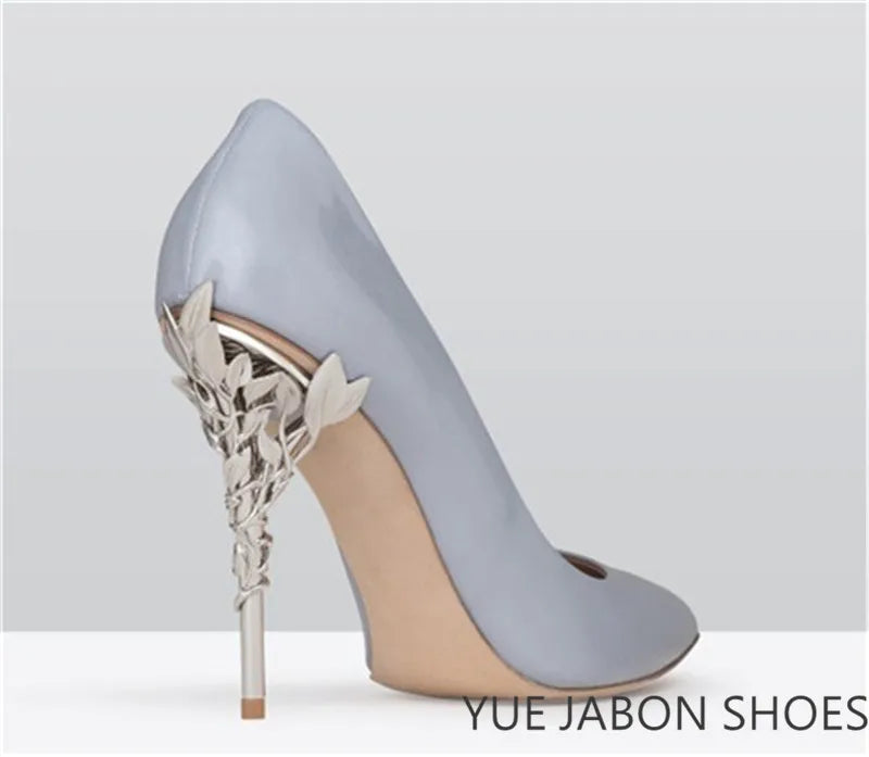 Luxury Leaves Metal Heel Pumps Women Shoes Pointed Toe Blue White Pink Black Silk Stiletto High Heels Wedding Bride Shoes 10cm heels_stiletto