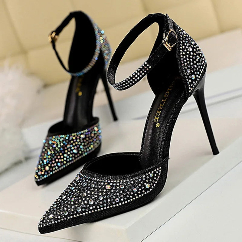 BIGTREE Shoes Shiny Rhinestones High Heels Ladies Shoes Women Pumps Stiletto Sweet Women Heels Wedding Shoes Women Sandals 10 Cm heels_stiletto