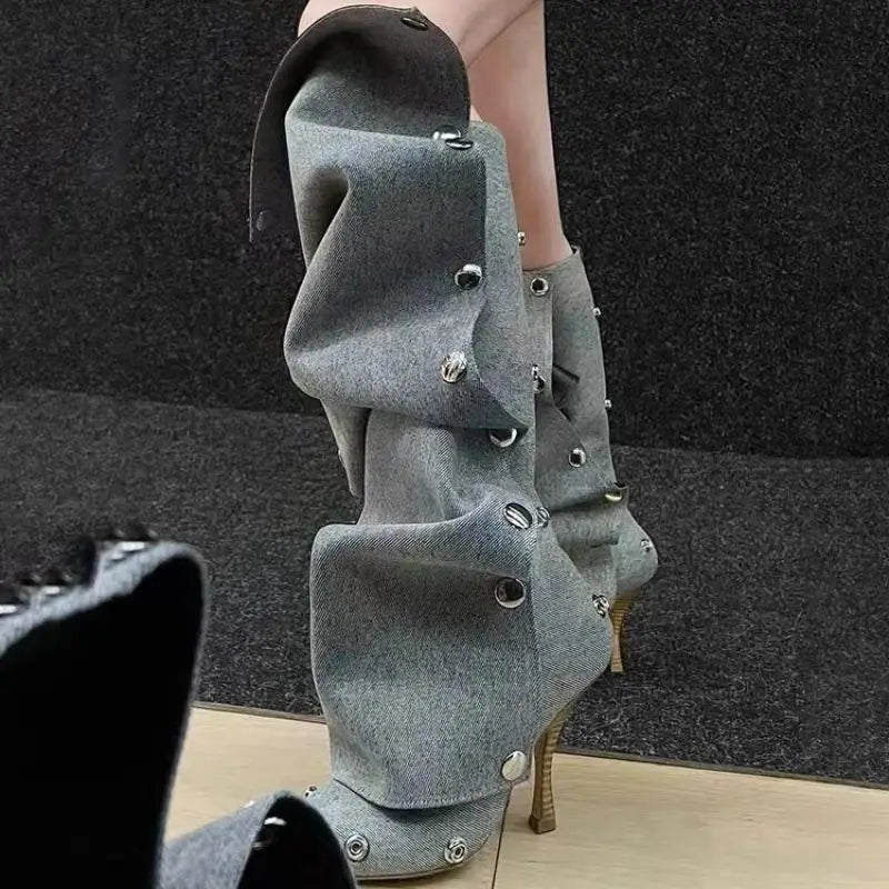New Arrival Western Botas Alto 7.5CM Thin Heel Studded Decorated Denim Wide Calf Mujer Boots for Women boots_highheel