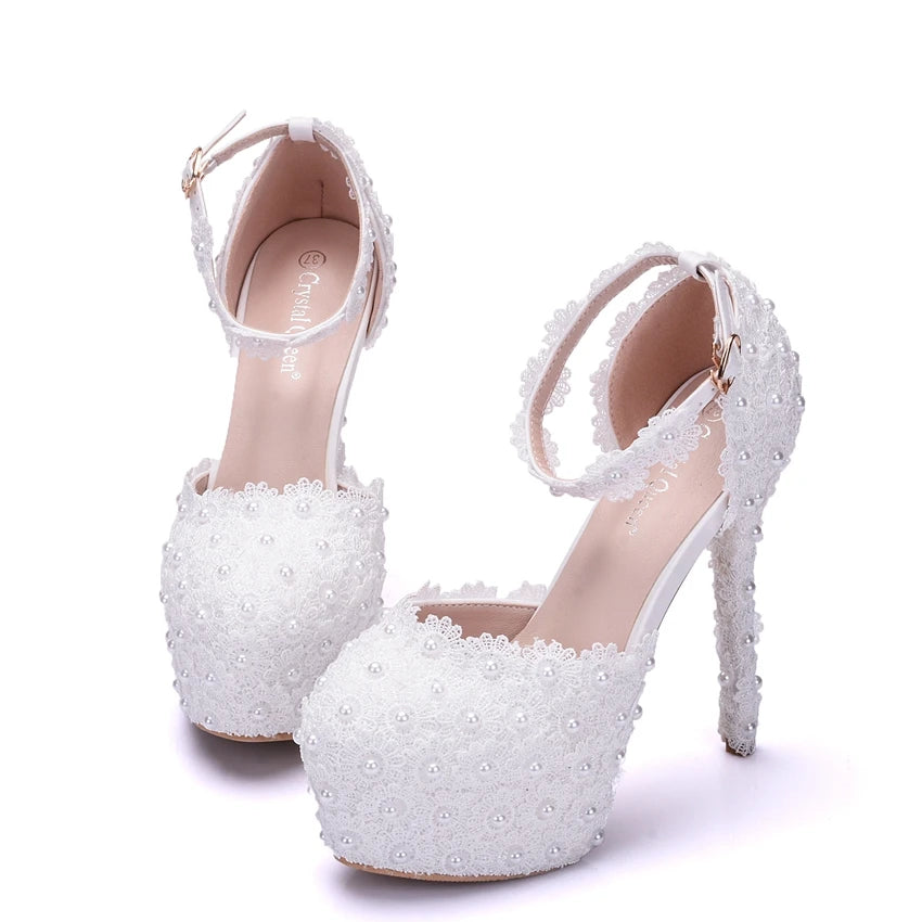 BS048 White Lace High Heels Platform Pumps Party Wedding Shoes White Heels Ankle Straps Women Sandals Bridesmaid Shoes heels_bridal