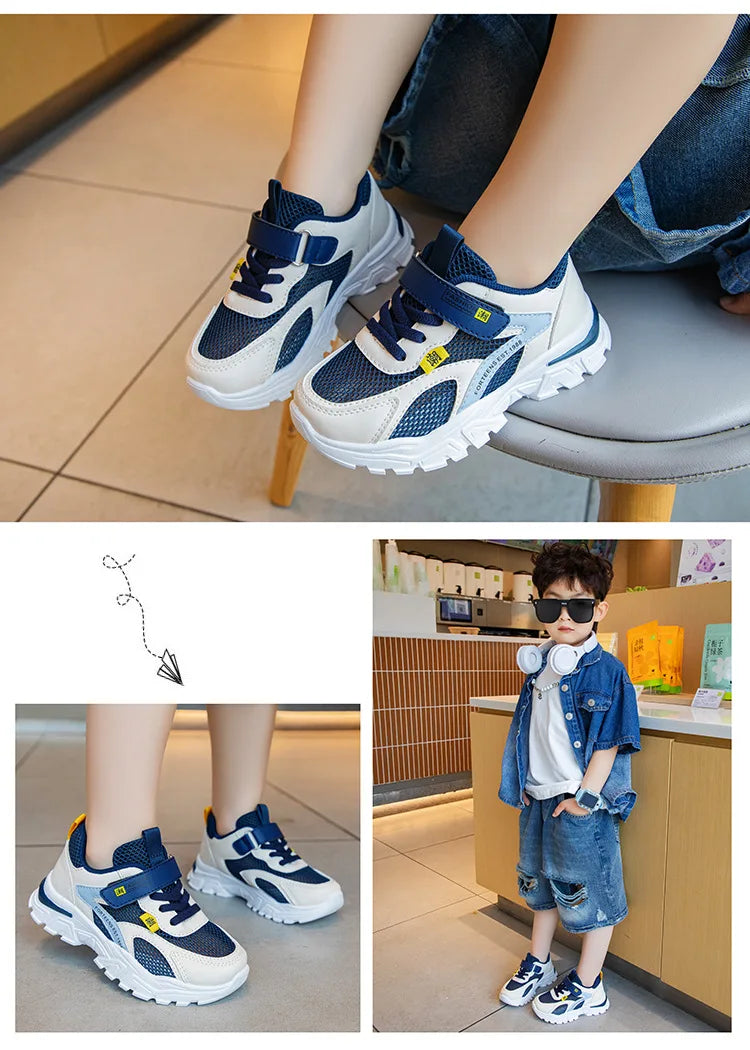 Summer Boys' Mesh Sneakers Large Children's Breathable Upper Lace Single Mesh Hollow Logo Design Slip-On Trendy Summer Shoe kids_shoes