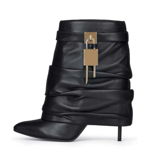 Botines De Mujer Custom Logo  Lock Decorated Womens Thin Heel Ankle Boots for Ladies boots_highheel