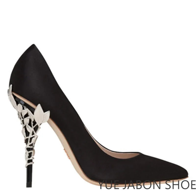 Luxury Leaves Metal Heel Pumps Women Shoes Pointed Toe Blue White Pink Black Silk Stiletto High Heels Wedding Bride Shoes 10cm heels_stiletto