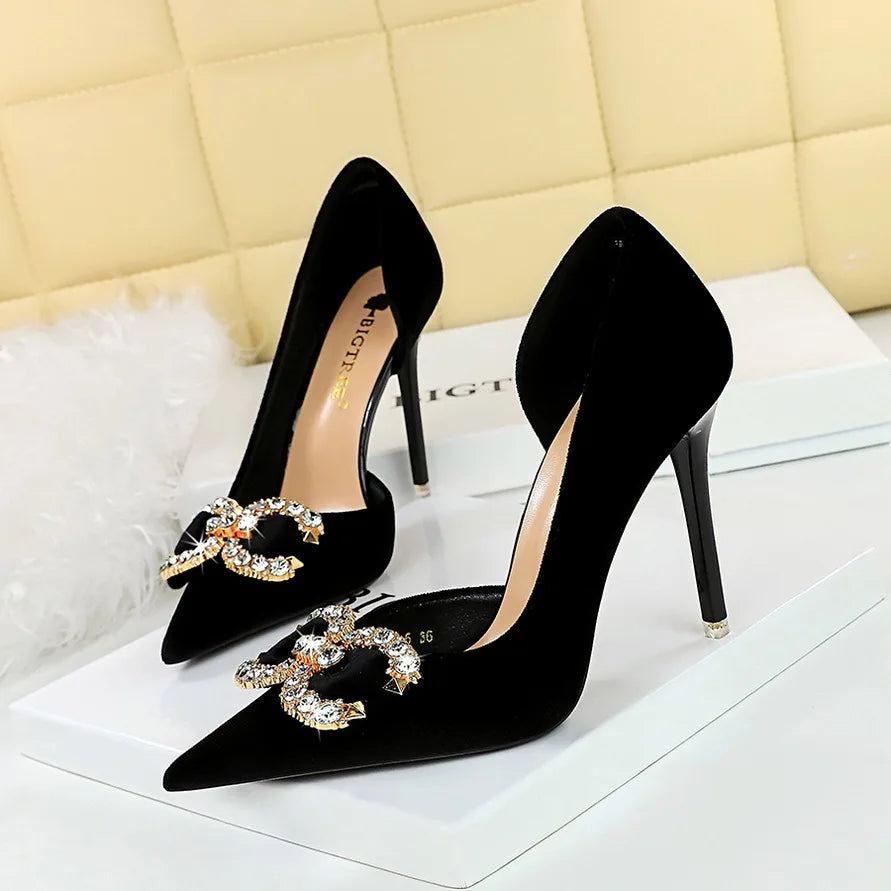 Faux Suede Wine Rhinestone Sandals New Women Green Shoes Pointed Toe Stiletto 7CM/10.5CM Heels heels_stiletto