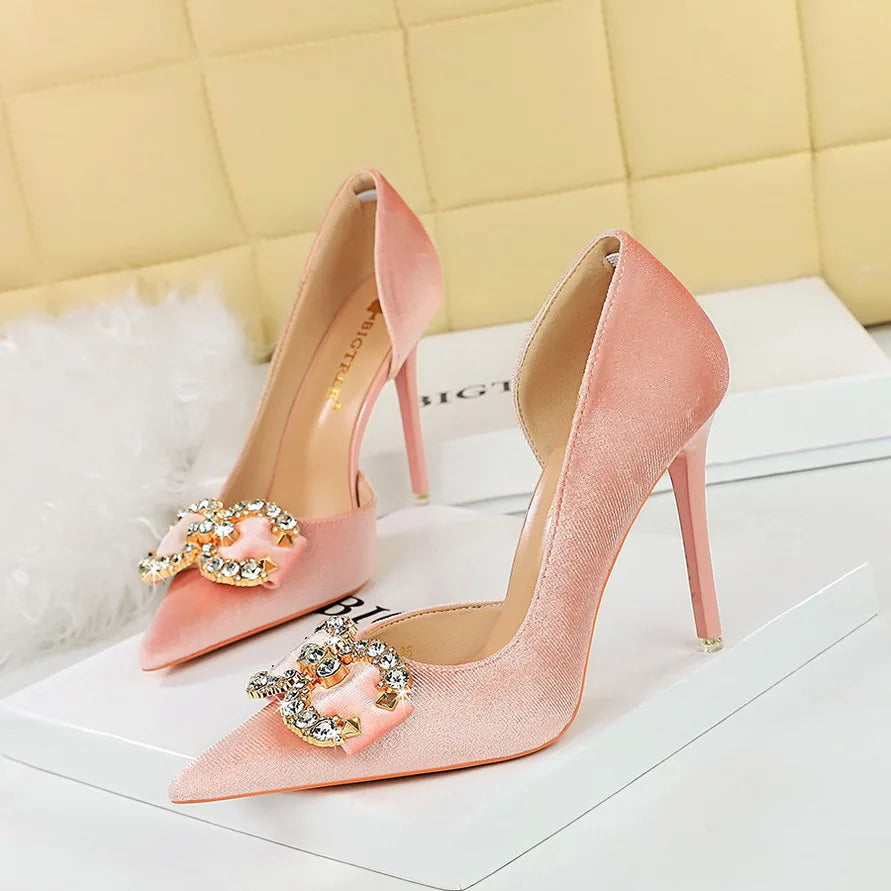 Faux Suede Wine Rhinestone Sandals New Women Green Shoes Pointed Toe Stiletto 7CM/10.5CM Heels heels_stiletto