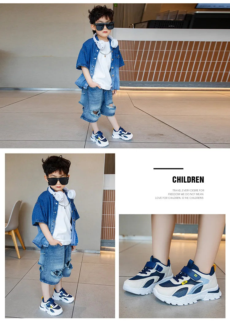 Summer Boys' Mesh Sneakers Large Children's Breathable Upper Lace Single Mesh Hollow Logo Design Slip-On Trendy Summer Shoe kids_shoes