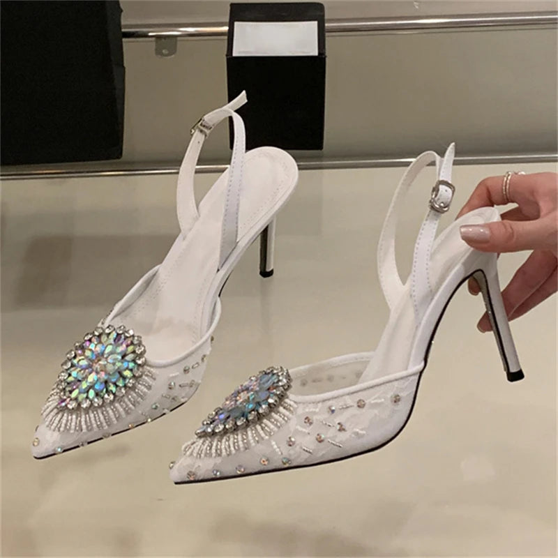 2025 Women's Fashion Rhinestone Mesh Ankle Strap Shoes Pointed Toe High Heels for Summer and Autumn Parties Light Crystal heels_bridal