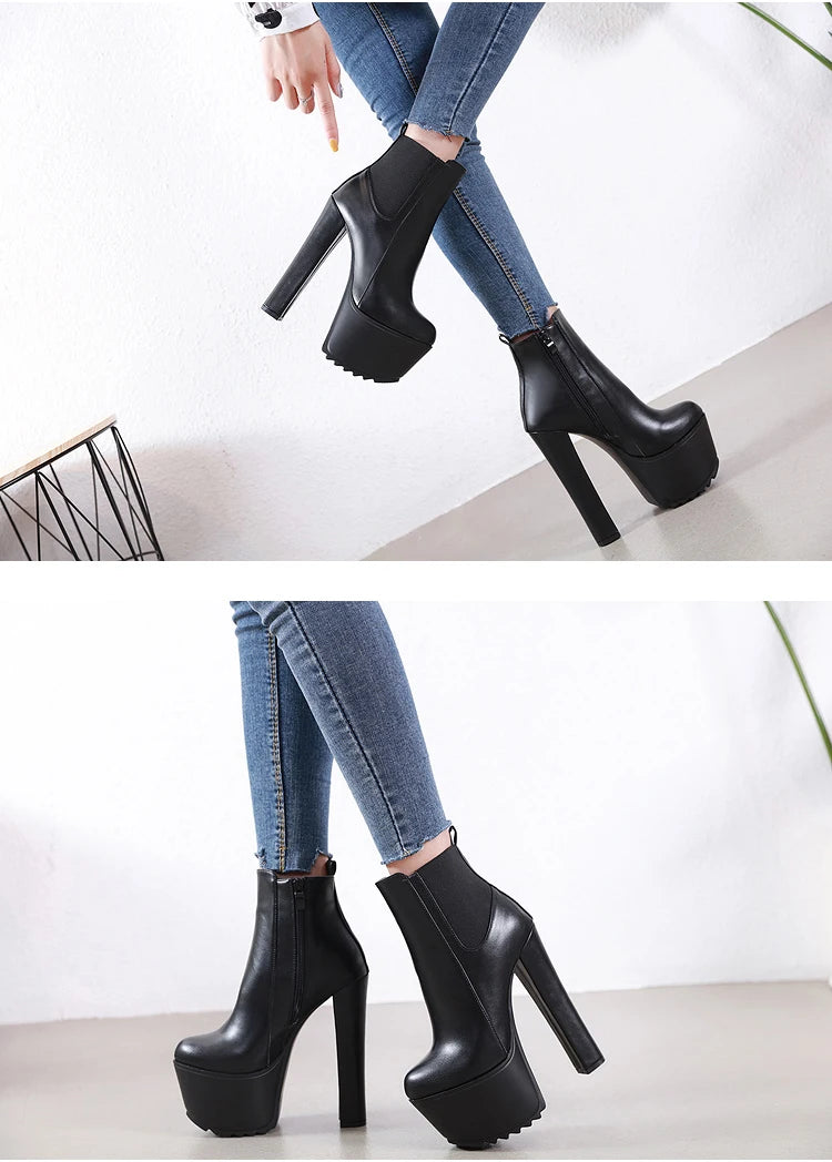 Eilyken Winter Platform High Heels Women Ankle Boots Black PU Leather Round Toe Zipper Female Designer Shoes boots_platform