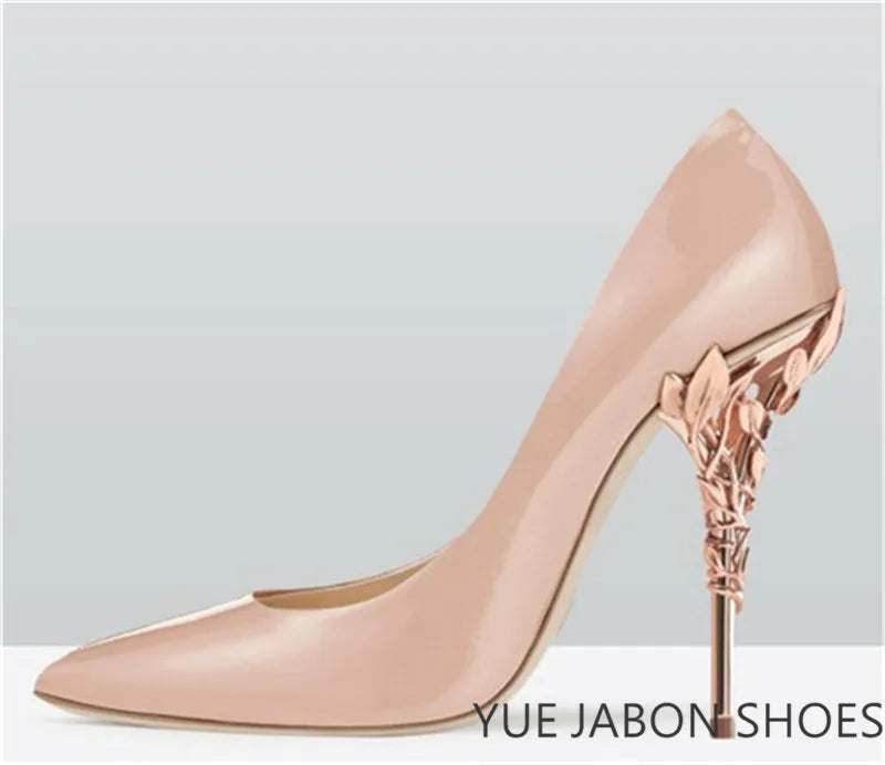 Luxury Leaves Metal Heel Pumps Women Shoes Pointed Toe Blue White Pink Black Silk Stiletto High Heels Wedding Bride Shoes 10cm heels_stiletto