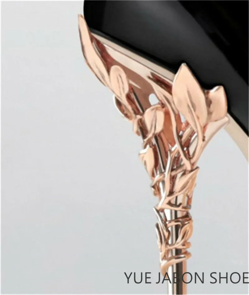 Luxury Leaves Metal Heel Pumps Women Shoes Pointed Toe Blue White Pink Black Silk Stiletto High Heels Wedding Bride Shoes 10cm heels_stiletto