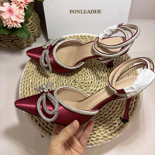 8CM/11CM Custom Burgundy Color Sandalias Mujer Footwear Sandals Rhine Stone Lace up Heels heels_bridal