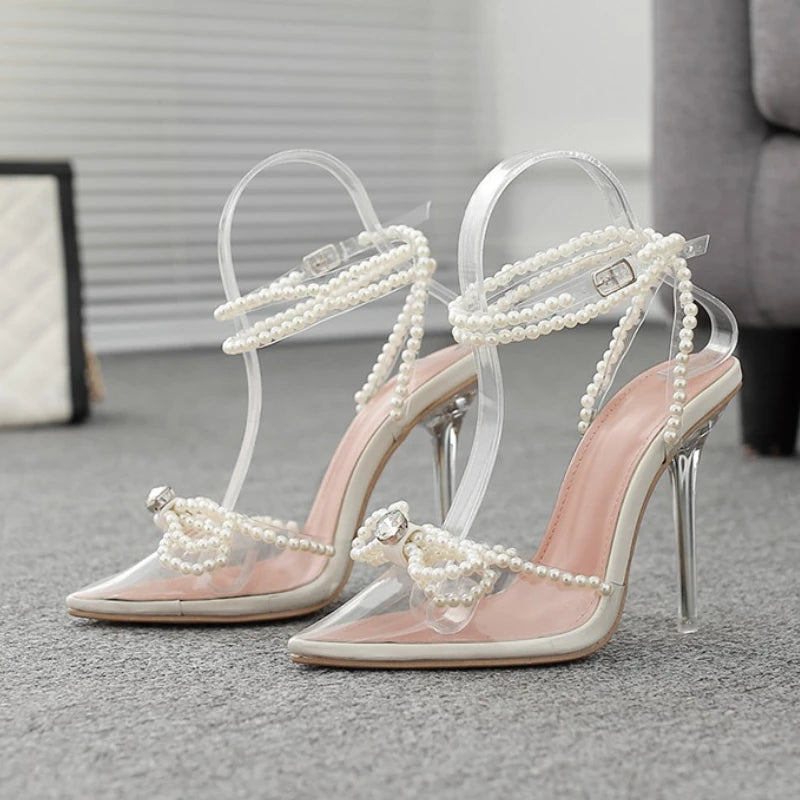 Sandales Talon Femme Glass Clear Transparent Bow Summer New Arrival Pearl Heels for Women and Ladies heels_bridal