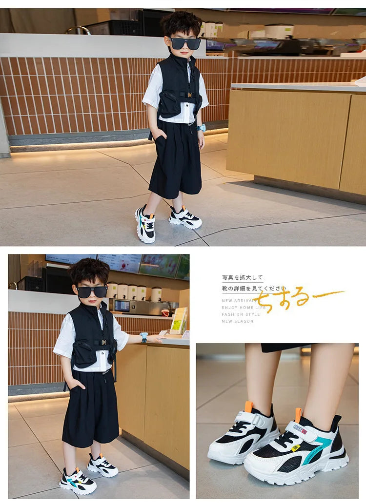 Summer Boys' Mesh Sneakers Large Children's Breathable Upper Lace Single Mesh Hollow Logo Design Slip-On Trendy Summer Shoe kids_shoes