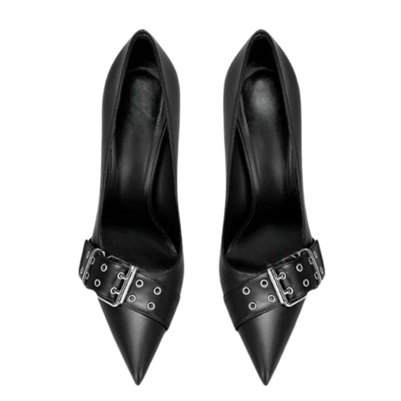 Front Belt Buckles Slim High Heels Big Size 47 Women Dress Pointy Toe Pumps Stiletto Basic Wide Feet Evening Shoes heels_stiletto