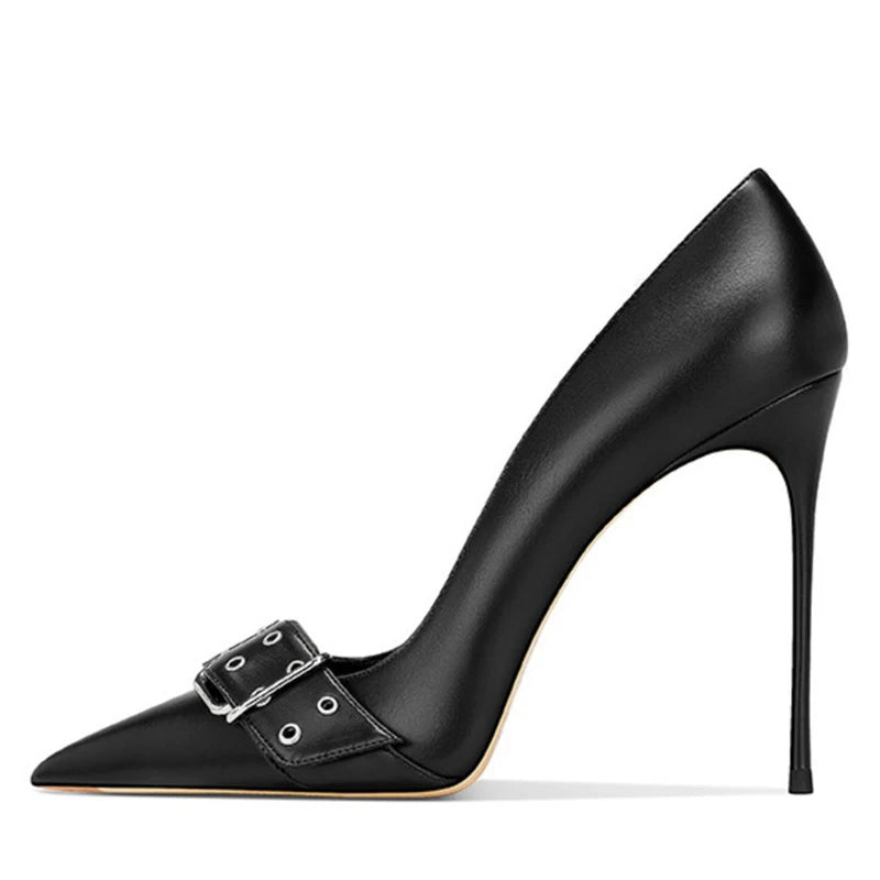 Front Belt Buckles Slim High Heels Big Size 47 Women Dress Pointy Toe Pumps Stiletto Basic Wide Feet Evening Shoes heels_stiletto