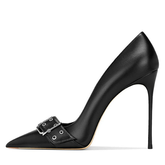 Front Belt Buckles Slim High Heels Big Size 47 Women Dress Pointy Toe Pumps Stiletto Basic Wide Feet Evening Shoes heels_stiletto