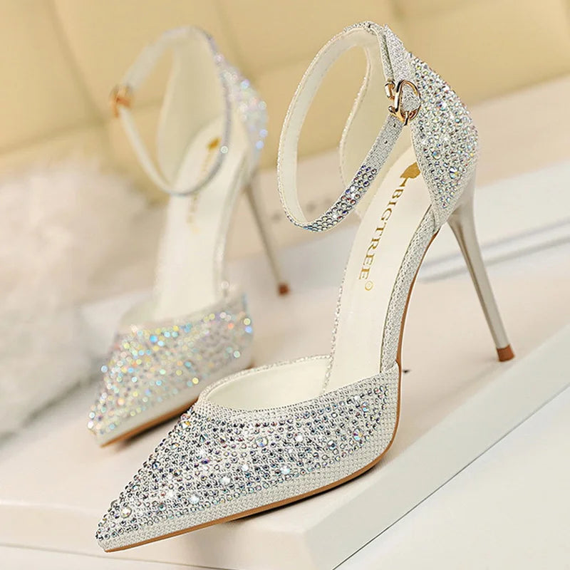 BIGTREE Shoes Shiny Rhinestones High Heels Ladies Shoes Women Pumps Stiletto Sweet Women Heels Wedding Shoes Women Sandals 10 Cm heels_stiletto