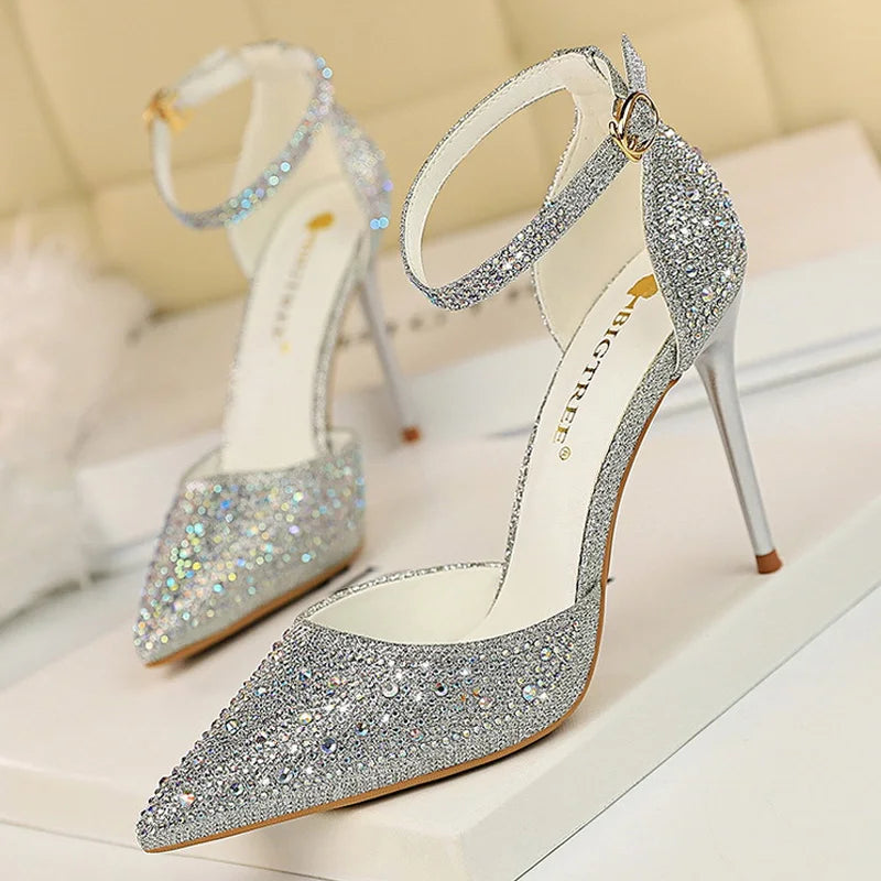 BIGTREE Shoes Shiny Rhinestones High Heels Ladies Shoes Women Pumps Stiletto Sweet Women Heels Wedding Shoes Women Sandals 10 Cm heels_stiletto