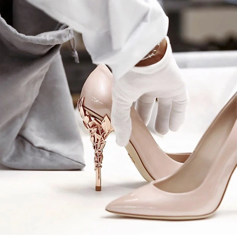 Luxury Leaves Metal Heel Pumps Women Shoes Pointed Toe Blue White Pink Black Silk Stiletto High Heels Wedding Bride Shoes 10cm heels_stiletto