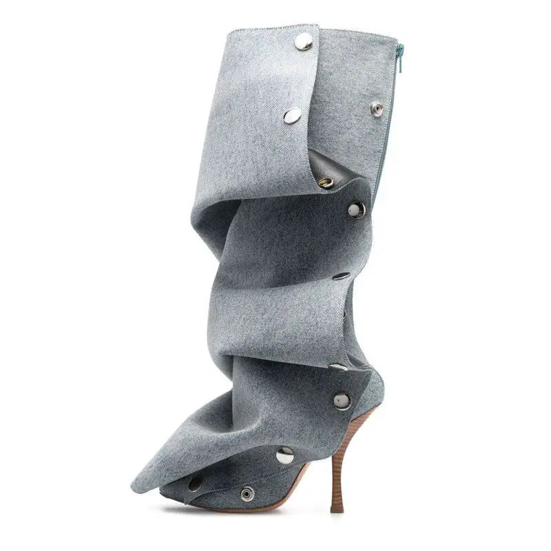 New Arrival Western Botas Alto 7.5CM Thin Heel Studded Decorated Denim Wide Calf Mujer Boots for Women boots_highheel