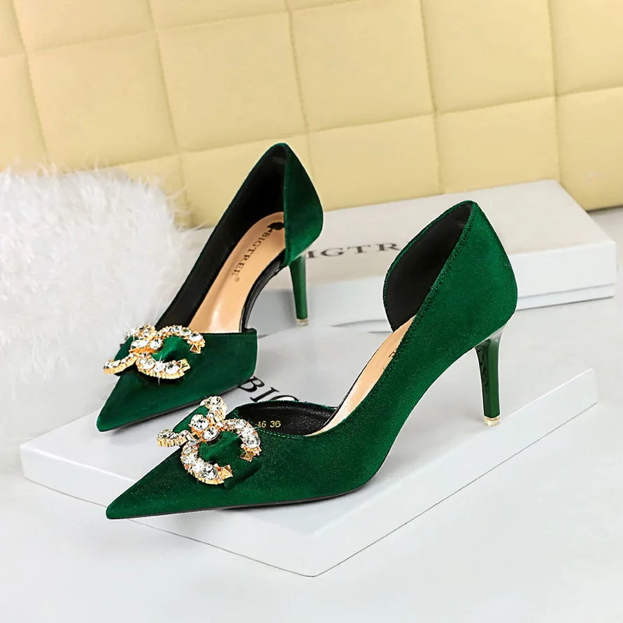 Faux Suede Wine Rhinestone Sandals New Women Green Shoes Pointed Toe Stiletto 7CM/10.5CM Heels heels_stiletto