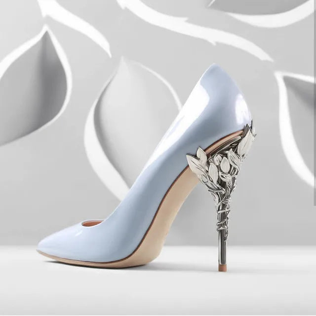 Luxury Leaves Metal Heel Pumps Women Shoes Pointed Toe Blue White Pink Black Silk Stiletto High Heels Wedding Bride Shoes 10cm heels_stiletto